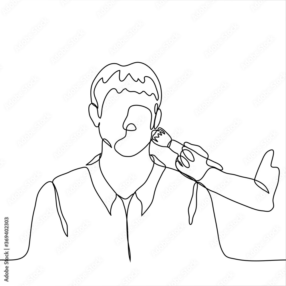 Fototapeta premium man in a shirt sits while he is being made up / makeup. One continuous line art man in a beauty salon, in a dressing room, backstage, preparing for photography or video filming.
