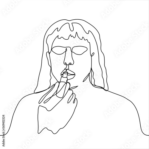 portrait of a girl with loose hair and closed eyes paints her lips with lipstick. One continuous line black and white drawing. Beauty blogger, makeup artist, just a girl smears her lips with lipstick