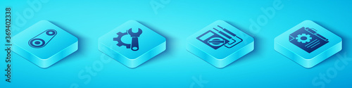 Set Isometric Timing belt kit, Wrench spanner and gear, Document settings and pen and Multimeter icon. Vector.