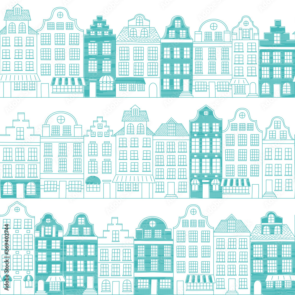 Seamless pattern with townhouses in European style. Hand drawn vector houses in one color. Endless background.