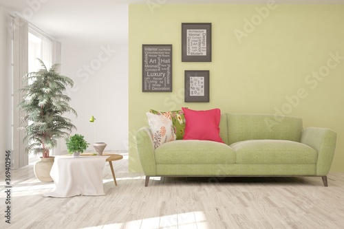 Green stylish minimalist room with sofa. Scandinavian interior design. 3D illustration © AntonSh