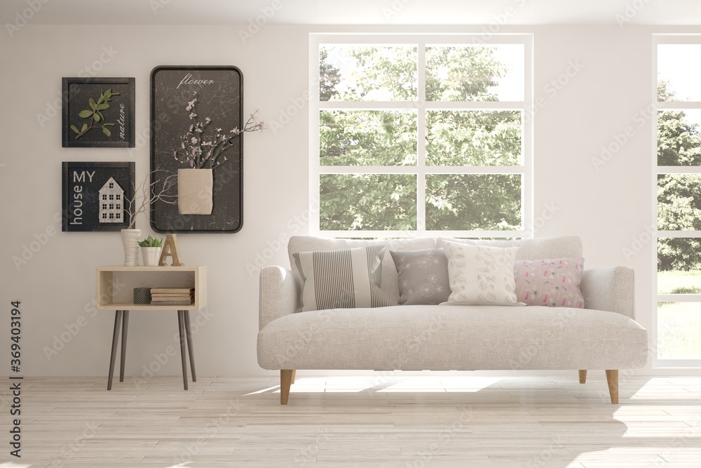 Fototapeta premium White stylish minimalist room with sofa and summer landscape in window. Scandinavian interior design. 3D illustration