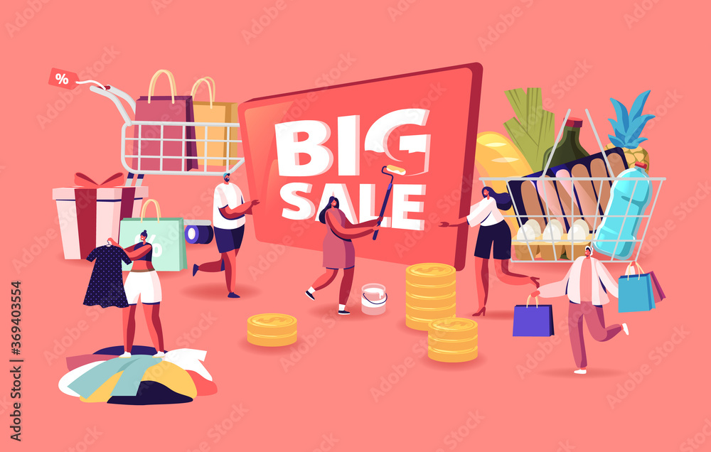 Big Sale. Characters Shopping at Seasonal Discount. Cheerful Shopaholic People with Trolley Full of Purchase and Grocery - obrazy, fototapety, plakaty 