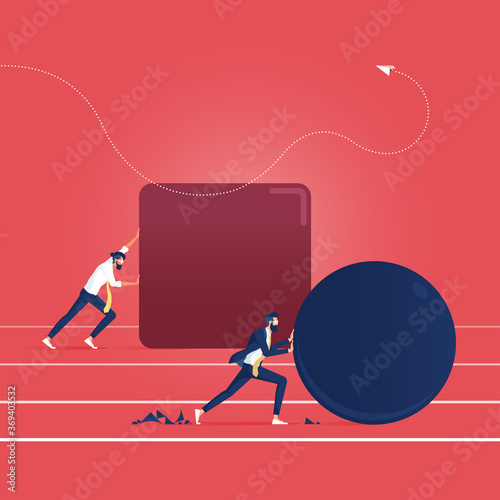 Winning strategy business concept, Competition, Direction to victory, Effective achievement concept, businessman pushing a sphere leading the race against another man pushing a cube stock 