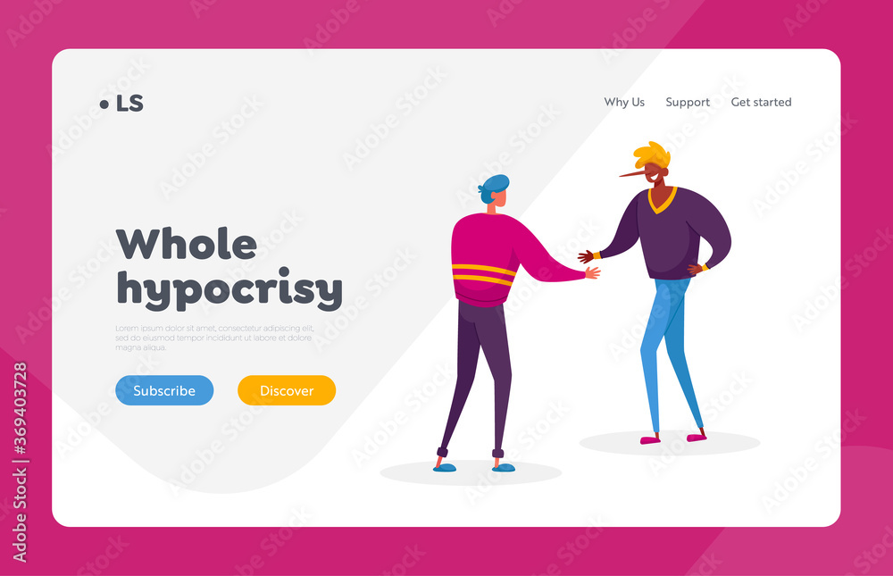 Hypocrisy, Fraud and Insincerity Landing Page Template. Smiling Man with Long Nose of Liar Stretching Hand to Colleague