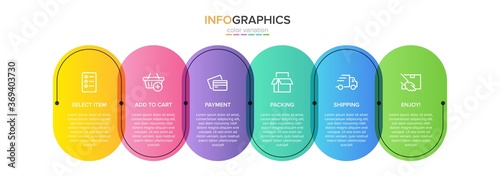 Concept of shopping process with 6 successive steps. Six colorful graphic elements. Timeline design for brochure, presentation, web site. Infographic design layout.