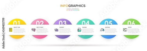 Concept of shopping process with 6 successive steps. Six colorful graphic elements. Timeline design for brochure, presentation, web site. Infographic design layout.