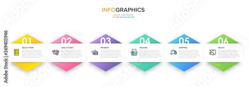 Concept of shopping process with 6 successive steps. Six colorful graphic elements. Timeline design for brochure, presentation, web site. Infographic design layout.