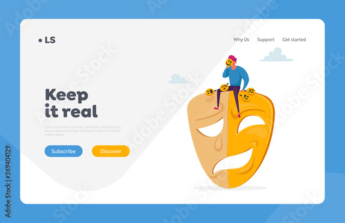 Hypocrisy Landing Page Template. Man Sit on Huge Mask with Smiling and Sad Parts, Cover Face under Masks Hiding Emotions