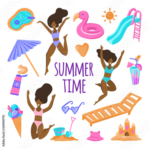 Afro american women with smile by the pool. Vector set of clip-art summer party,girls jumping, spending time at summer resort isolated.Woman on vacation swim and sunbathe. Black Lives Matter