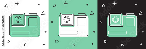Set Action extreme camera icon isolated on white and green, black background. Video camera equipment for filming extreme sports. Vector Illustration.
