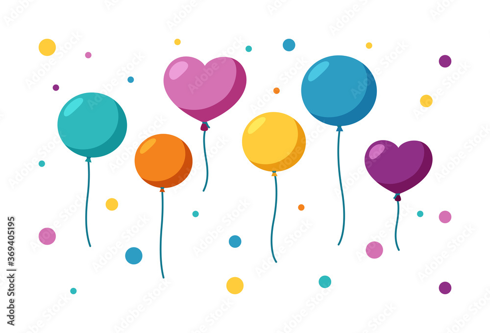 Colorful balloons of different sizes and forms. Set of balloons for a party ot celebration. Flat vector illustration isolated in white background
