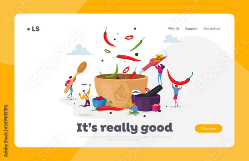 Characters Cooking Food with Hot Chili Landing Page Template. Tiny Characters Put Red or Black Chilli Pepper to Huge Pan