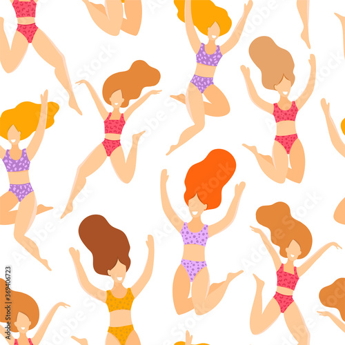 Vector seamless pattern happy girls in underwear soft pink background. Pastel background hand drawn vector design. Beautiful girls in bikinis. Endless background for printing on fabric. Body positive