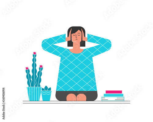 Vector flat concept with woman sitting at home and closing ears by hands. Too much information noise as reason of problem with mental healt. Girl is frustrated and tired after professonal burnout