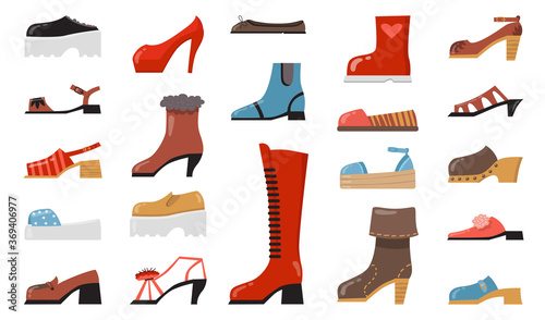 Various fashionable footwear flat icon set. Cartoon stylish elegant and casual shoes, seasonal boots, summer sandals isolated vector illustration collection. Fashion and footgear concept
