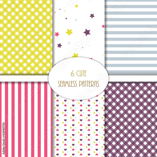 6 cute seamless pattern.Pretty print with heart, stripe, check, star. Trendy modern texture. Color illustration. Geometric backdrop.