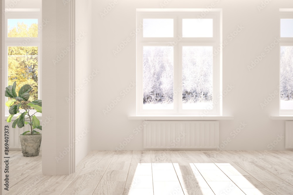 Fototapeta premium White empty interior concept with autumn and winter landscape in window. 3D illustration