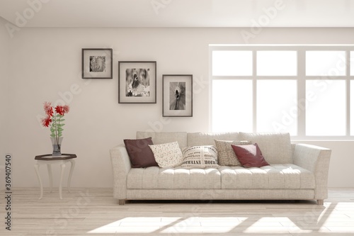 White stylish minimalist room with sofa. Scandinavian interior design. 3D illustration