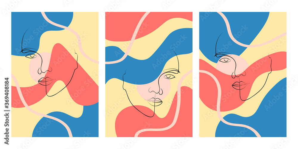 Abstract Contemporary collage with women face continuous line art. Vector portrait for beauty concept, t-shirt print, postcard, poster.