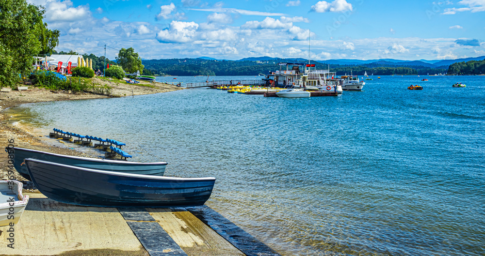 Boats on the lake shore. Solina lake in Bieszczady.