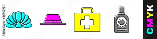Set Scallop sea shell, Man hat with ribbon, First aid kit and Sunscreen spray bottle icon. Vector.