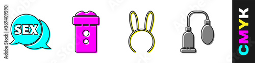 Set Speech bubble with Sex, Vagina masturbator, Mask with long bunny ears and Penis pump icon. Vector.