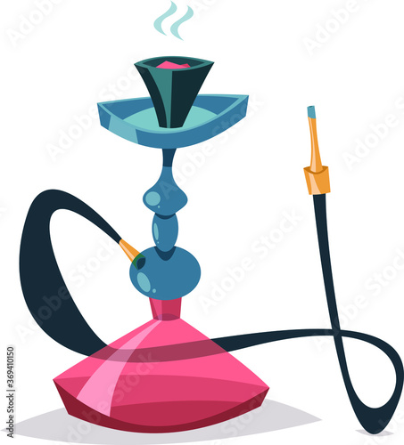 Hoorah Bar concept banner. Hookah with coal smoke.Shisha in cartoon style.Coyan smoking in bars.Smoke from a hookah.Vector illustration of a hookah concept, party, restaurant. A shiny hookah for smok.