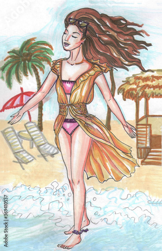 a woman in yellow with long dark hair and clothing eyes on the beach