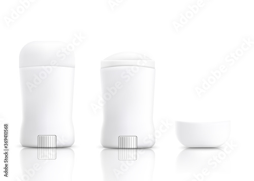 White plastic deodorant bottle with open and closed cap and rolling wheel