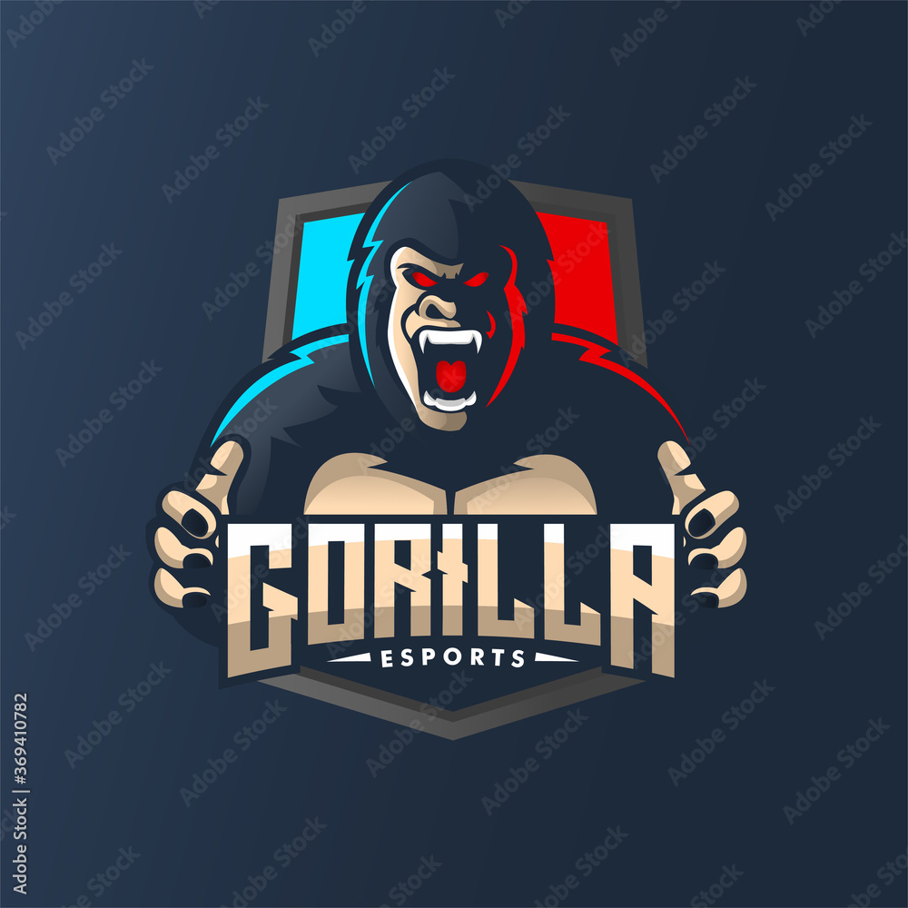 Gorilla mascot gaming logo design vector with modern illustration concept style for badge, emblem and t shirt printing. Angry gorilla illustration for sport and e-sport team. 
