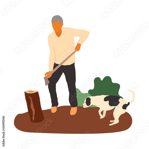 Old man chop the wood. Vector flat illustration