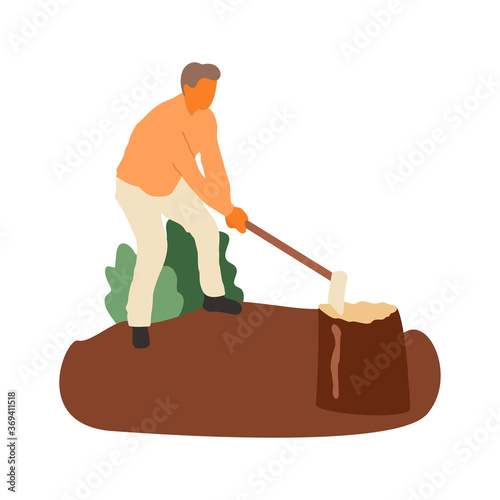Old man chop the wood. Vector flat illustration