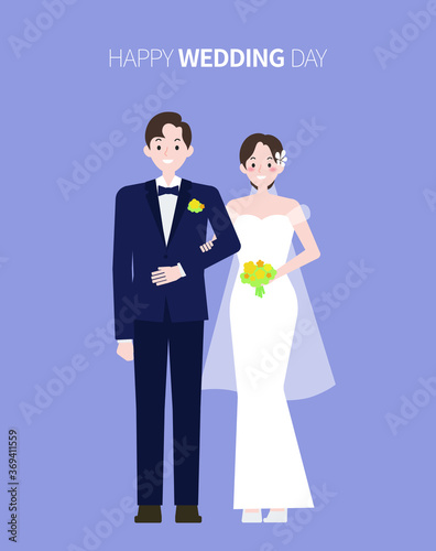 A couple in wedding dresses and tuxedo stands with arms folded. Happy wedding day image. Flat illustration useful for wedding invitations.