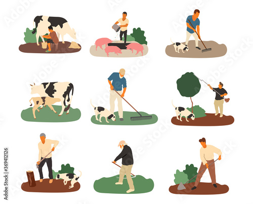 Set of farmers and agricultural workers Flat cartoon vector illustration. - Vector