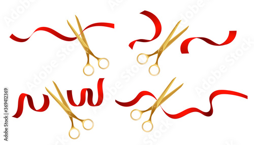 Golden scissors cutting up red silk ribbon set - opening ceremony symbols