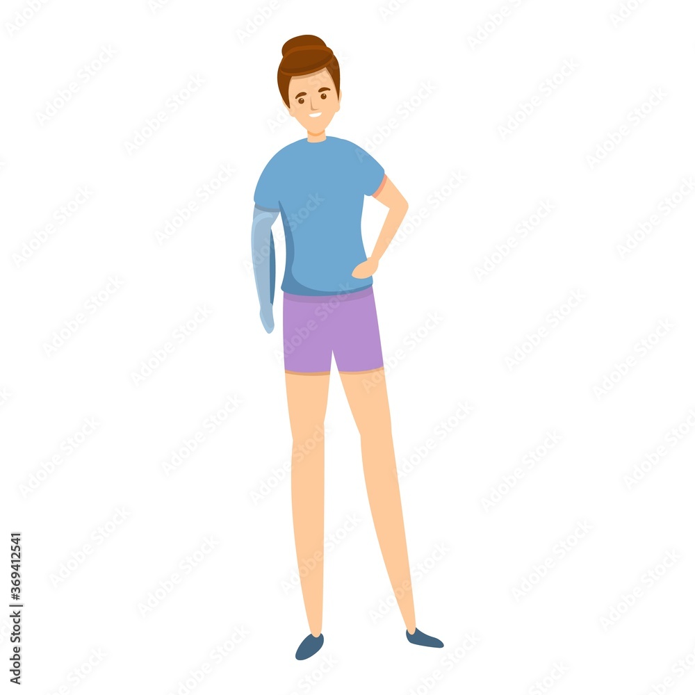 Woman with hand prothesis icon. Cartoon of woman with hand prothesis vector icon for web design isolated on white background Woman with hand prothesis icon. Cartoon of woman with hand prothesis vector icon for web design isolated on white background