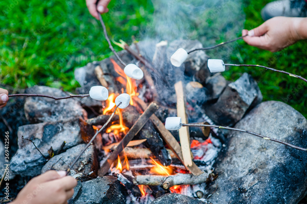 People roasting marshmallows around camping bonfire People roasting marshmallows around camping bonfire
