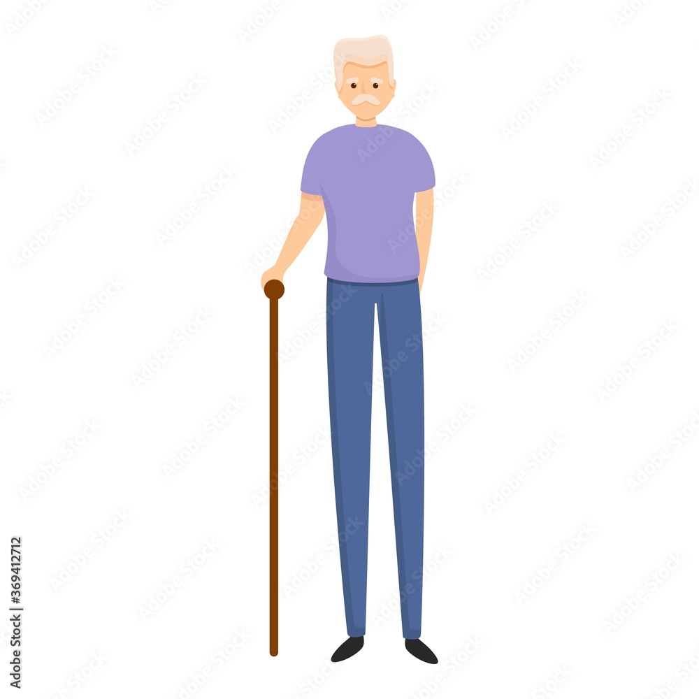 Senior man with walking stick icon. Cartoon of senior man with walking stick vector icon for web design isolated on white background Senior man with walking stick icon. Cartoon of senior man with walking stick vector icon for web design isolated on white background