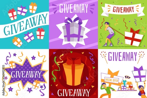 Giveaway promotion poster set. Free gift or special offer flyer collection