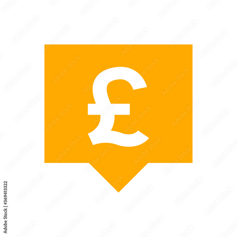 pound currency symbol in speech bubble square shape for icon, orange pound money for app symbol isolated on white, currency digital pound icon for financial concept