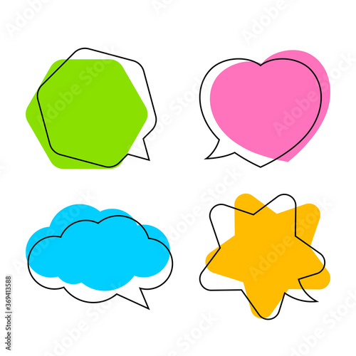 simple star shaped speech bubble yellow, heart shaped speech bubble pink, hexagon speech bubble green, cloud speech bubble blue, geometry balloon colorful and isolated on white for copy space