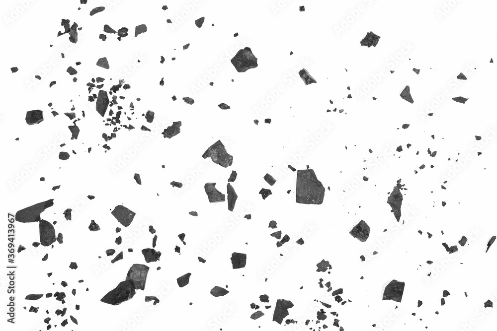 Black coal chunks, shattered pieces isolated on white background and texture, top view