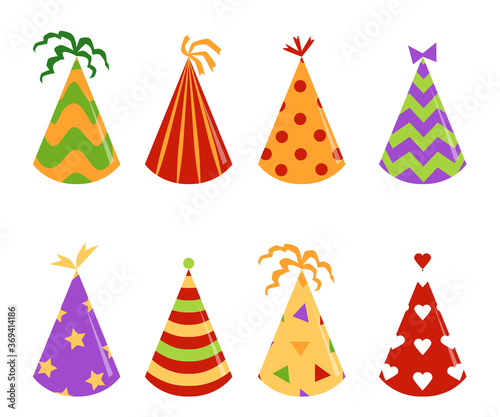 Fun holiday party hat set isolated on white background - festive cone hats