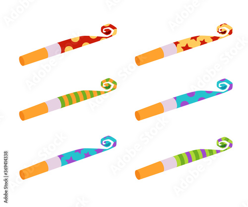 Colorful party blower horn set isolated on white background