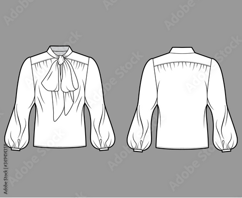 Pussy-bow blouse technical fashion illustration with oversized body, loose fit, long bishop sleeves. Flat apparel shirt template front, back white color. Women, men and unisex mockup CAD for designer