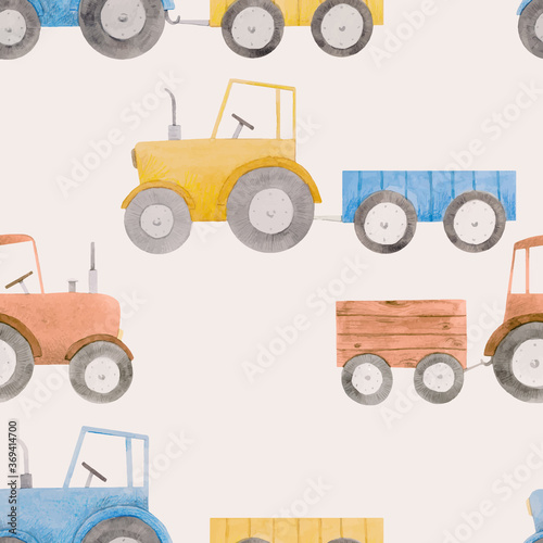 Beautiful seamless pattern with watercolor colorful tractors. Stock illustration.
