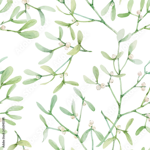 Fotografia Beautiful seamless pattern with watercolor mistletoe plant leaves