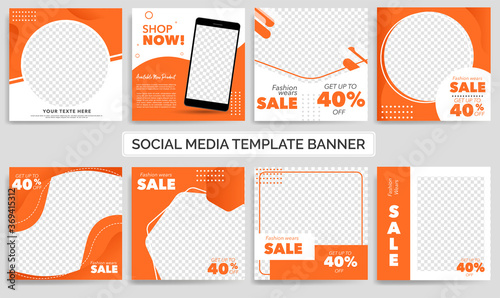 Set of Editable minimal square banner template. Orange and White background color with shape. Suitable for social media post and web ads. Modern promotion square banner. Eps 10