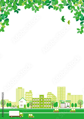街並み　新緑　背景イラスト